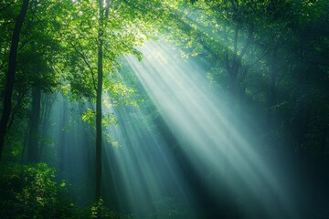 Obraz premium Bright rays of sunshine pierce through the dense canopy of green leaves, creating a captivating scene filled with the tranquility and beauty of natural light.