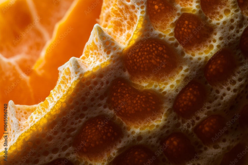 Aufkleber A close-up photograph of an orange group's textured surface, brightly illuminated to capture the intricate details and pattern resembling organic architecture.