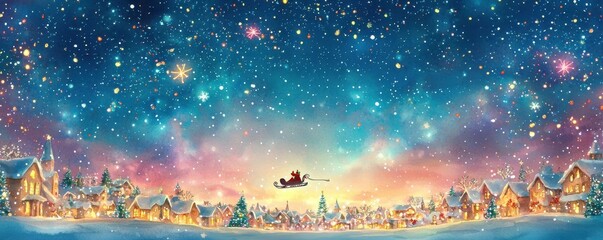 Sparkling Christmas night sky with Santa s sleigh flying over a fantasy village, magical festive atmosphere