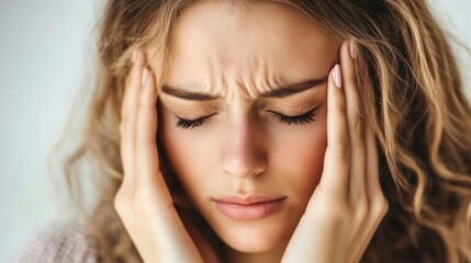 Naklejka premium A young woman appears distressed, holding her head, indicating stress or headache.