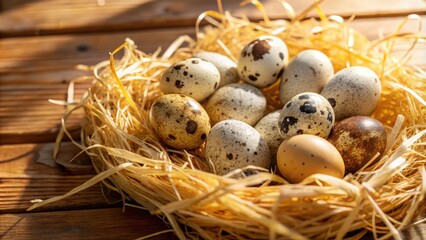Obraz premium A delicate nest of dried grass cradles a collection of speckled quail eggs, bathed in the warm glow of sunlight, creating a picturesque scene of rustic beauty.