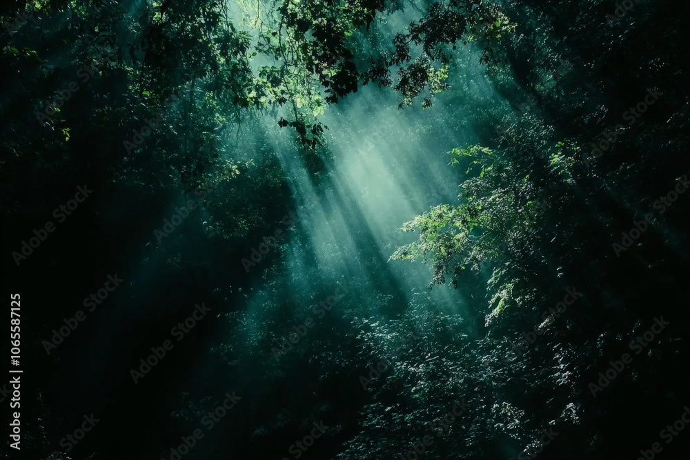 Aufkleber a mystical forest image illuminated by radiant light beams filtering through the canopy, invoking a 