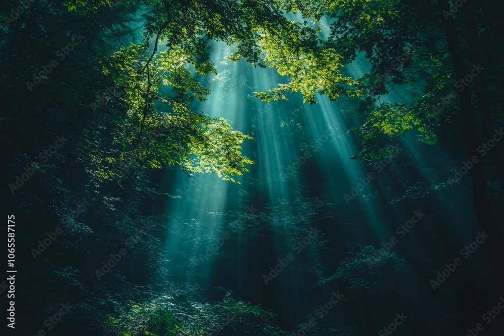 Aufkleber Sunlight streams through the canopy, illuminating a lush green forest, creating a serene and tranquil natural scene with deep shadows and vibrant greenery.