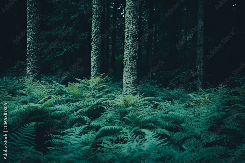 Poster the forest floor is carpeted with vibrant ferns, nestled among towering trees, creating a lush, sere