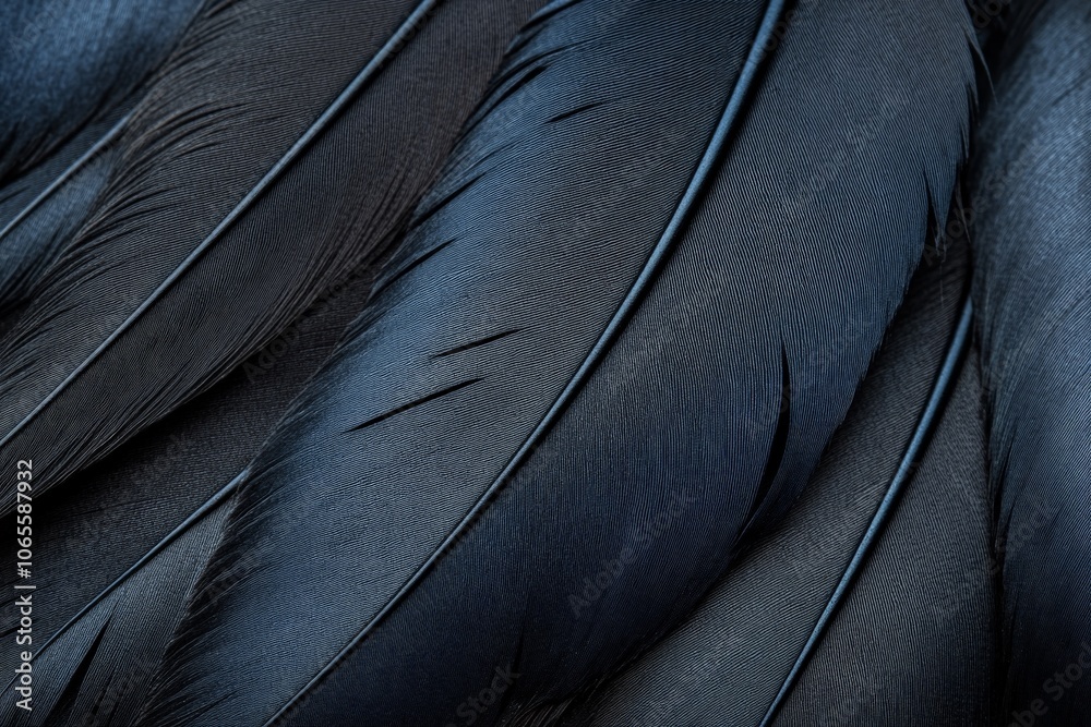 Poster an intricate close-up view of black feathers, showcasing their fine texture, natural patterns, and d