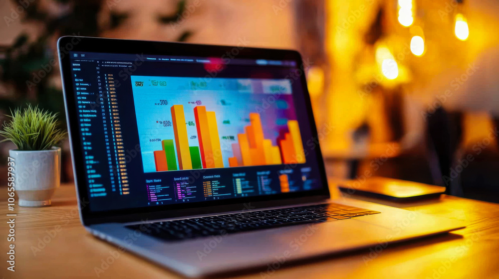 Poster a laptop displaying colorful data visualizations with bar graphs and pie charts in a cozy indoor set