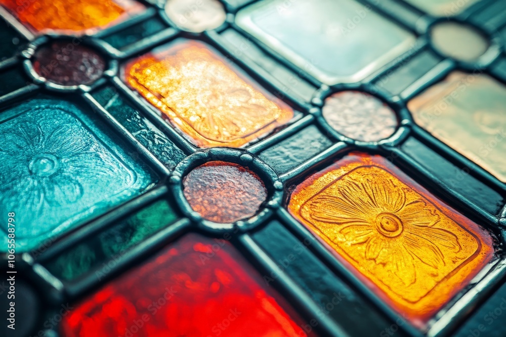 Aufkleber A close-up of a stained glass pattern with vibrant geometric shapes and textured surfaces, reflecting light and creating a dramatic visual effect.