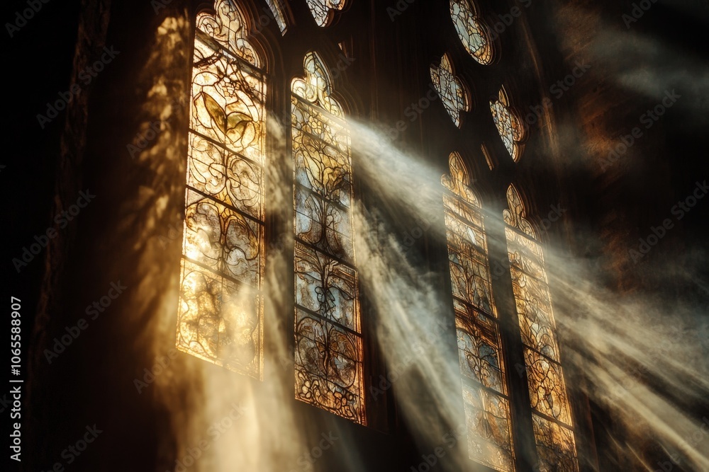 Aufkleber large stained glass windows letting in ethereal beams of sunlight, casting vibrant colors and intric