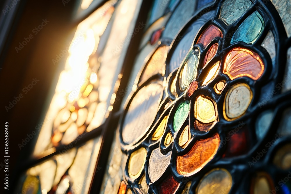 Poster this image showcases a close-up of vivid stained glass segments, with the sun illuminating various c