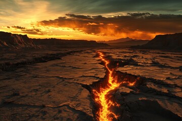 Fototapeta premium A desert landscape torn apart by a gigantic fault line, revealing glowing molten rock beneath the surface, with heat waves rising from the ground.