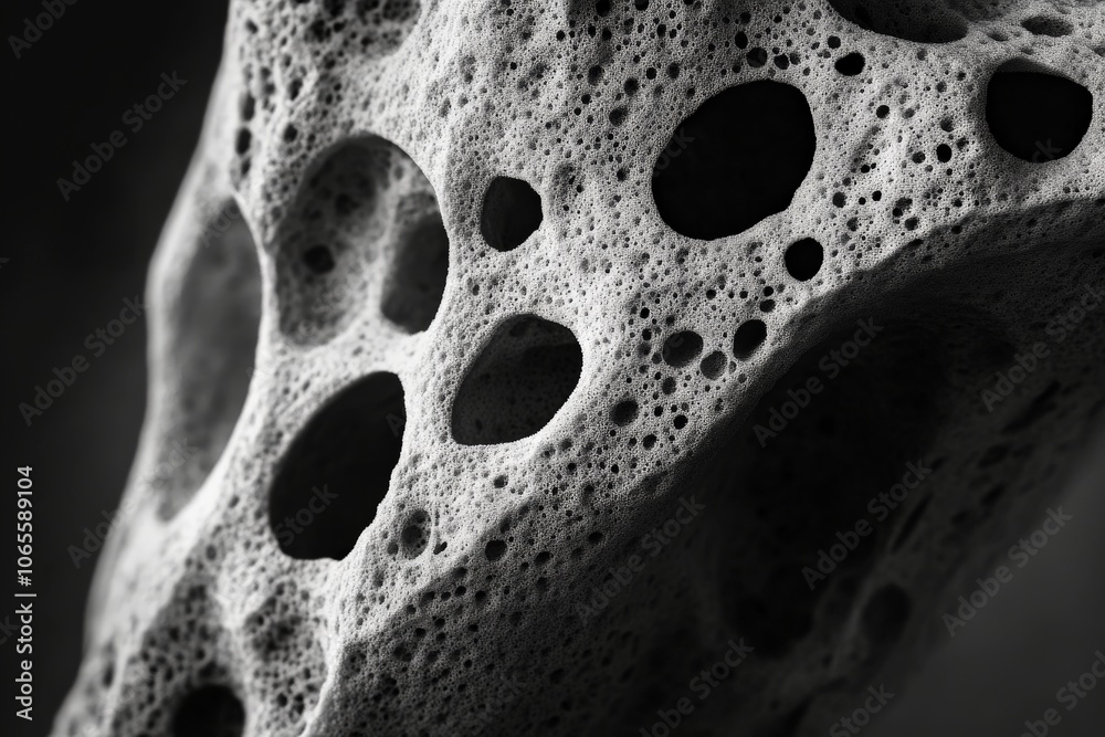 Aufkleber a striking monochrome photograph emphasizing the porous structure of a rocky formation, with light a
