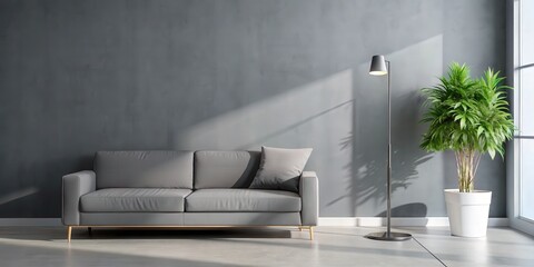 A Minimalist Living Room with a Gray Sofa, Floor Lamp, and Greenery in a White Pot
