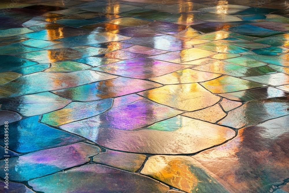 Poster a stunning display of stained glass reflections on a tiled floor, casting vibrant and multicolored p