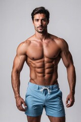 Handsome Man Modeling Swimsuit Shorts on White Background, Shorts Advertising Model