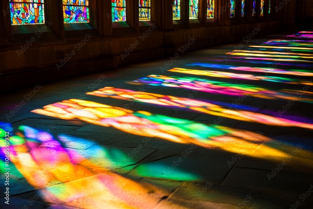 Leinwandbilder vibrant and colorful reflections from stained glass windows cast vivid patterns on the floor, showca