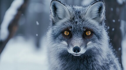 Fototapeta premium A silver fox with amber eyes stares intently at the camera in a snowy forest.