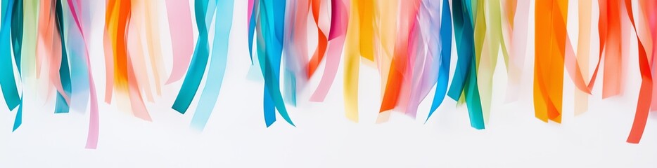 Fototapeta premium Multi colored ribbons hanging from above on a white background. Bright colors and light curls create a festive atmosphere. The image is ideal for use in promotional materials, at festive events, decor