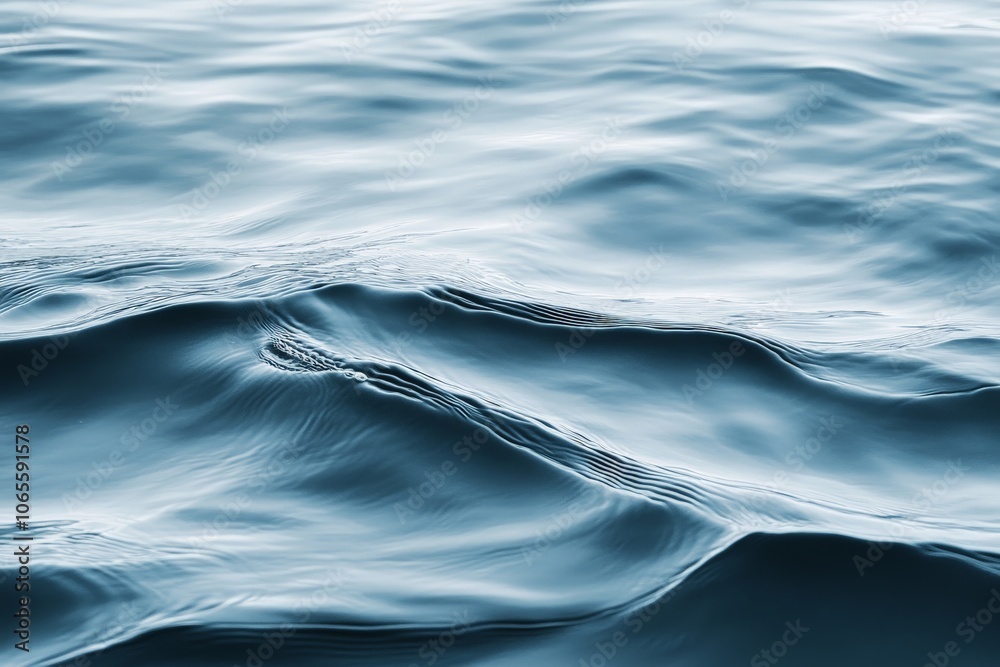 Poster a serene scene of blue ocean waves gently flowing, showcasing a peaceful and tranquil atmosphere wit