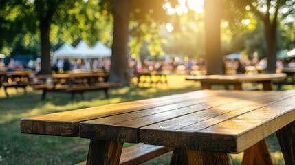 Fototapeta premium A sunlit outdoor space featuring wooden picnic tables in a park setting.