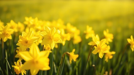Fototapeta premium A Field of Daffodils Bathed in Golden Sunlight, Their Bright Yellow Petals Reflecting the Warmth of Spring