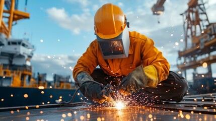 A worker welding on a shipyard, surrounded by sparks and industrial equipment.