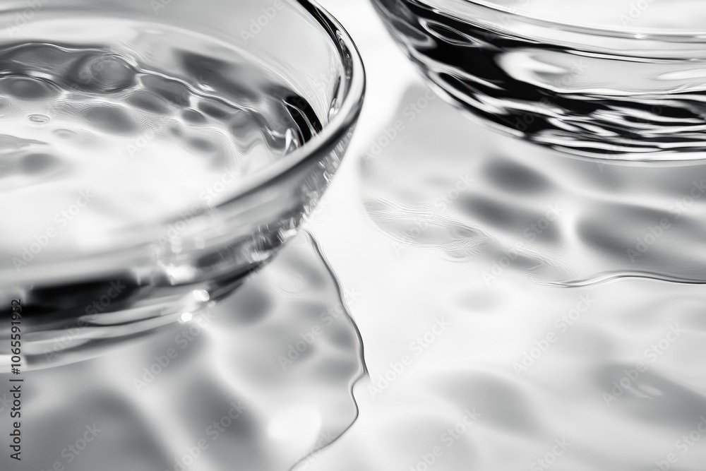 Poster elegant glass bowls sat on a surface with rippling water reflections, creating a mesmerizing, abstra