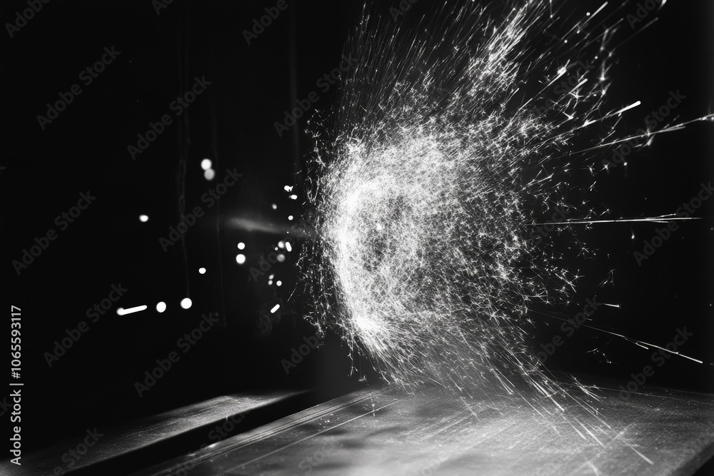 Poster A dynamic and visually striking image capturing an explosion of particles in motion, illustrating energy and motion through scattered light and shadow effects.