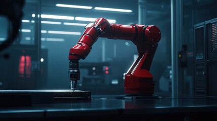 Obraz premium A red robotic arm poised to work in a futuristic industrial setting.
