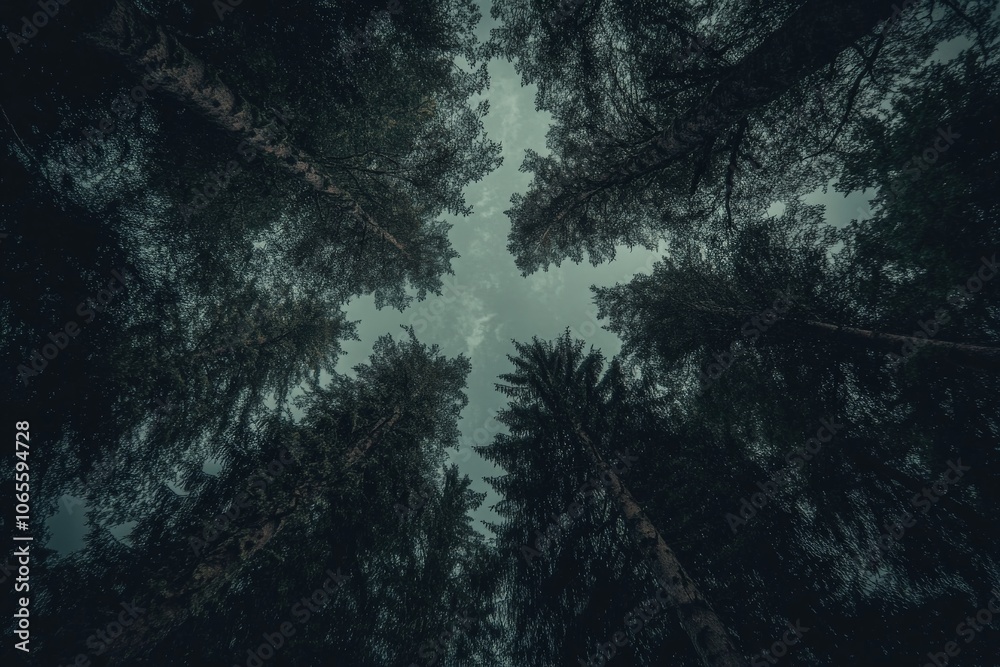 Aufkleber the majestic canopy of towering trees, viewed from below, creates a mesmerizing interplay of light a