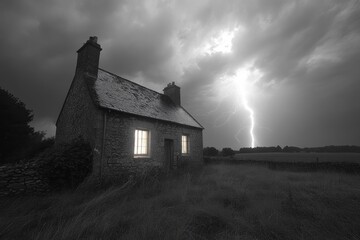 Stone Cottage Under a Dramatic Thunderstorm