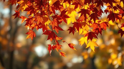 A Branch of Vibrant Autumn Leaves Displaying Warm Hues of Red and Yellow with a Soft Blurred Background