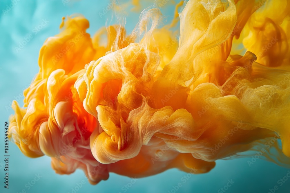Poster This abstract image features vibrant swirling orange clouds against a turquoise liquid backdrop, creating a dynamic and fluid interplay of color and form.