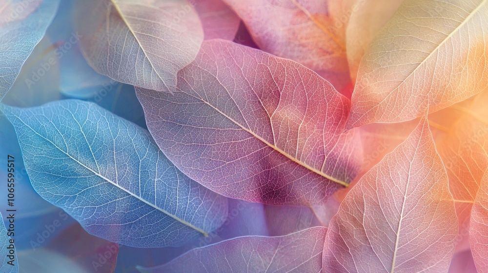 Poster explore the beauty of overlapping leaves in a soft-focused macro photography shot to enhance your na