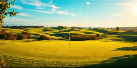 A picturesque golf course with a single red flag marking the hole, set against a backdrop of rolling green hills and a clear blue sky with fluffy white clouds.