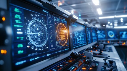 Fototapeta premium Futuristic control panel displaying complex data and navigation systems.
