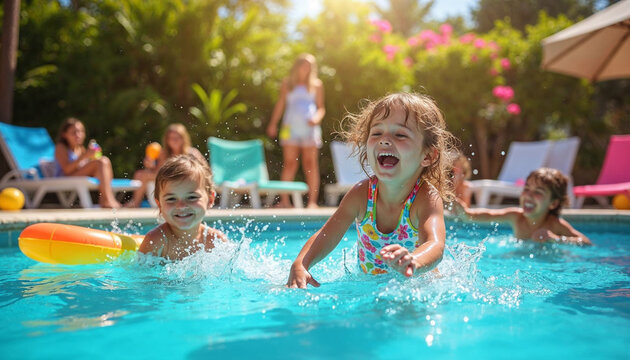 A lively pool party on a sunny afternoon, filled with fun, laughter, and relaxation.
- Powered by Adobe