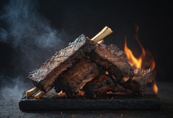 Kalbi short ribs of beef grilled over fire on black background. Generative AI