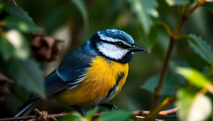 Fototapeta premium Portrait of male Eurasian blue tit highlighting bright colors and delicate features in foliage