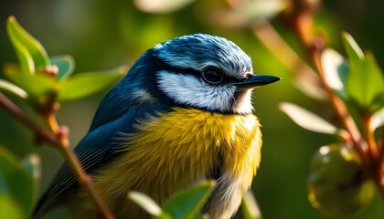 Obraz premium Beautiful female blue tit with striking blue and yellow plumage surrounded by greenery