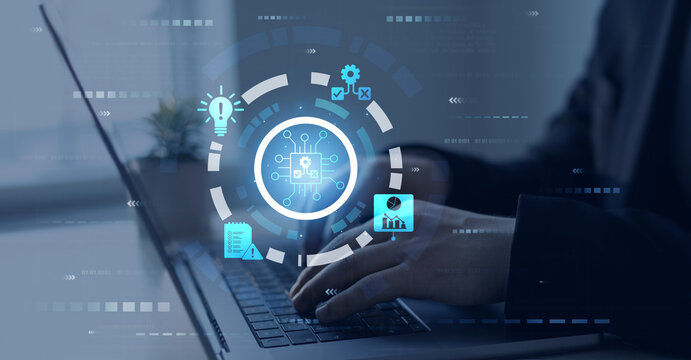Engineer using laptop for optimization software AI bot with a Comprehensive Guide.Leveraging Artificial Intelligence in Decision Making. 