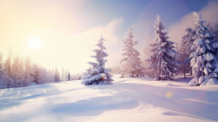 Fototapeta premium A snowy landscape with trees covered in snow
