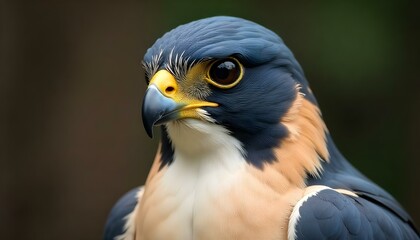 Fototapeta premium close-up portrait of a peregrine falcon with its intense yellow eyes and a blurred dark background