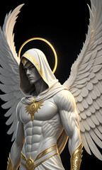 Angelic warrior with golden halo and wings.
