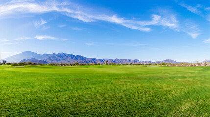 Obraz premium Beautiful green grass field with a blue sky and mountains