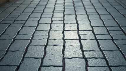 Fototapeta premium A close-up view of a wet cobblestone pathway, revealing intricate details of the stone's texture and the glistening surface after a recent rain shower.