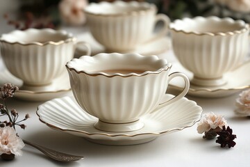 Fototapeta premium Elegant White Teacups with Gold Rim - Perfect for Afternoon Tea