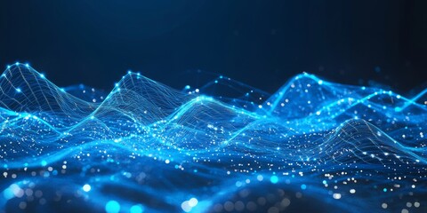 Abstract glowing digital wave pattern with neon blue light on a dark futuristic background