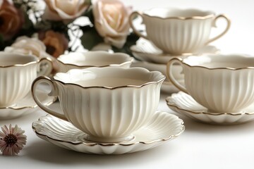 Fototapeta premium Elegant White Tea Cups with Gold Rim - Perfect for Afternoon Tea