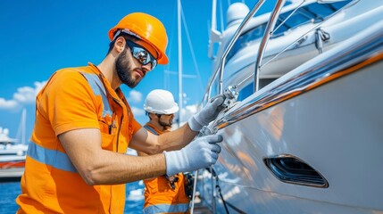 Workers in safety gear maintain a yacht by the dock under a clear blue sky.