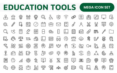 Education Tools Icon Set. Engaging and versatile icons for learning apps, classrooms, and online courses, perfect for enhancing educational resources and making learning fun and accessible.